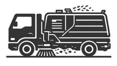 Icon Straßenreinigung – Kehrmaschine im Einsatz Einfarbiges Icon einer Kehrmaschine zur Reinigung von Straßen und Baustellenflächen